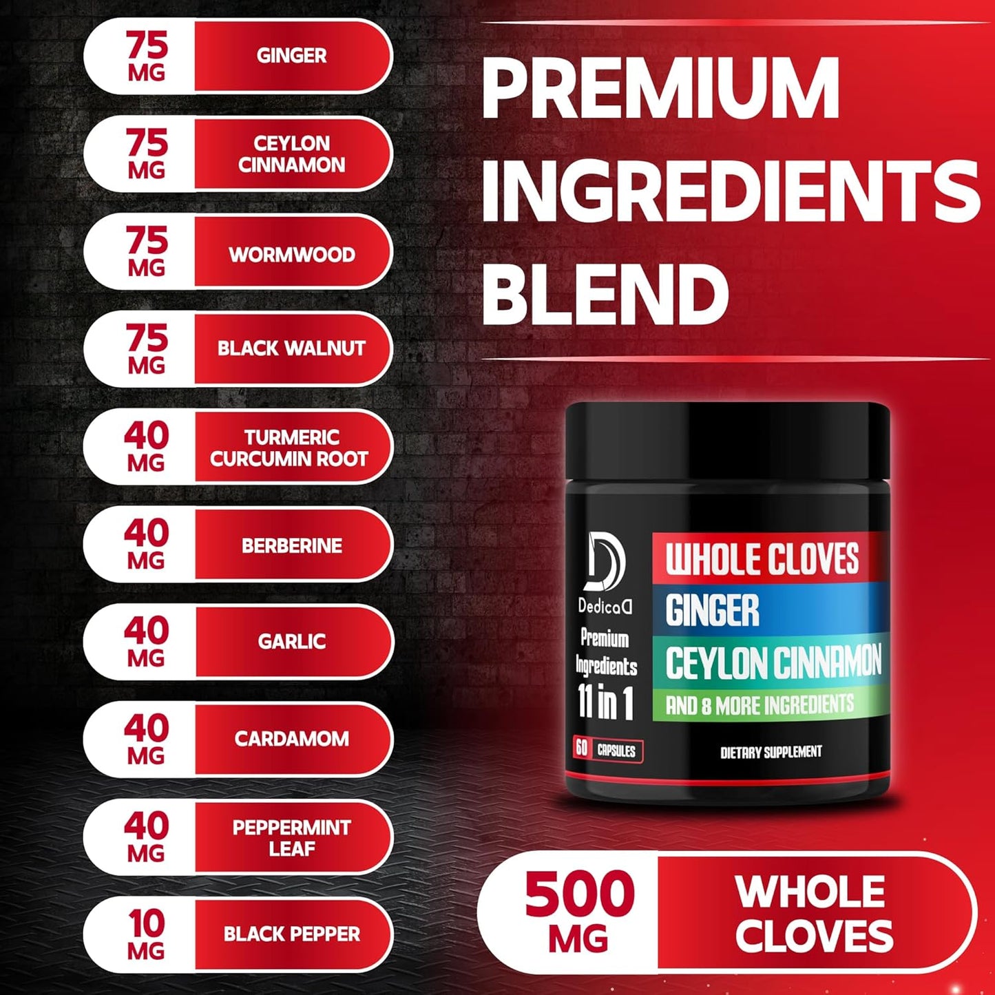 11in1 Whole Clove Supplement with Ginger Root, Ceylon Cinnamon - Digestive, Immune System, Mood Support - 60 Capsules
