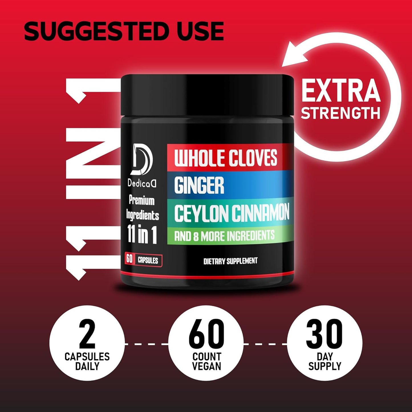 11in1 Whole Clove Supplement with Ginger Root, Ceylon Cinnamon - Digestive, Immune System, Mood Support - 60 Capsules