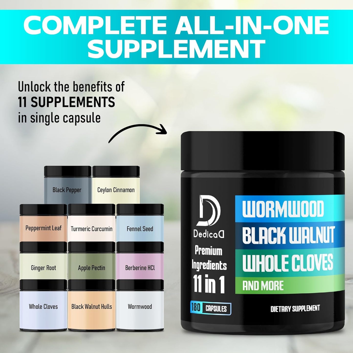 11in1 Wormwood Capsules - 180 Capsules for Digestive, Immune, and Joint Health - Black Walnut, Cloves, Ginger Extracts