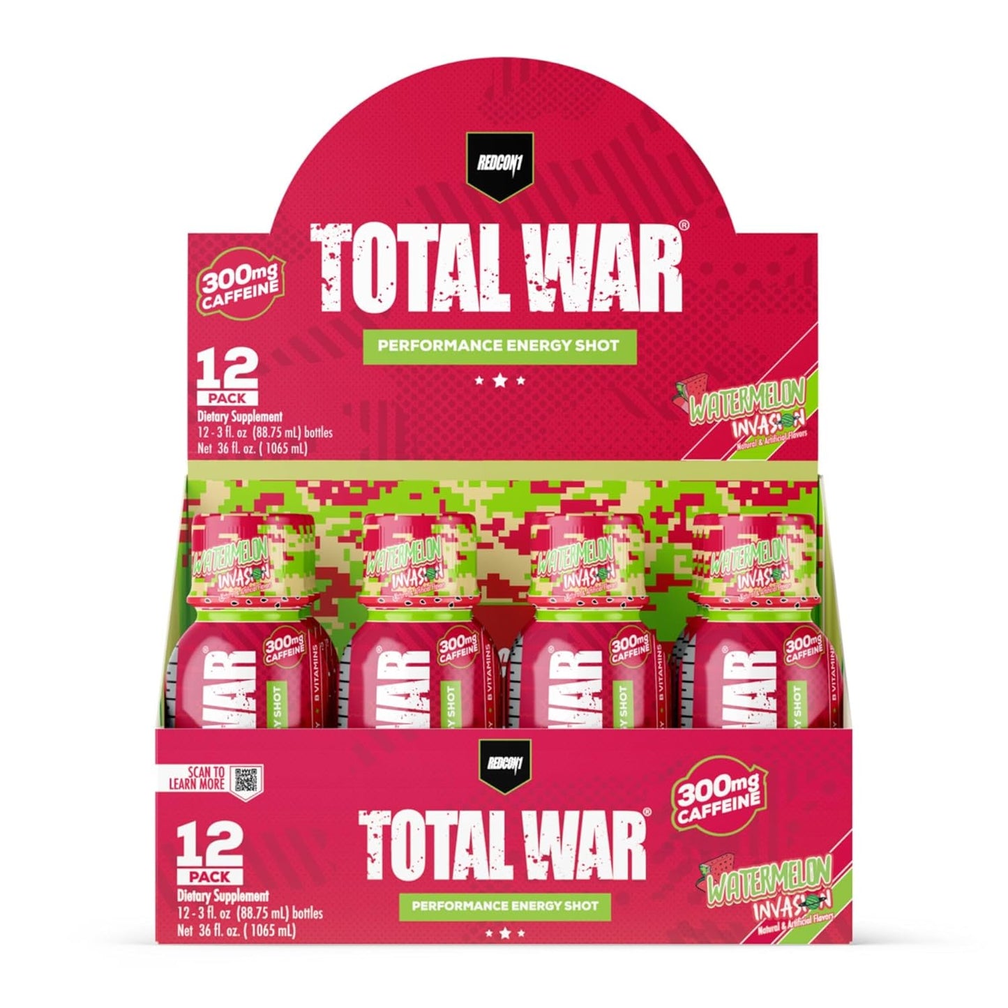12-Count REDCON1 Total War Energy Shots - Watermelon Invasion Flavor with 300mg Caffeine, B Vitamins, and Zero Sugar - Long-Lasting Focus Support for Workouts or Workdays