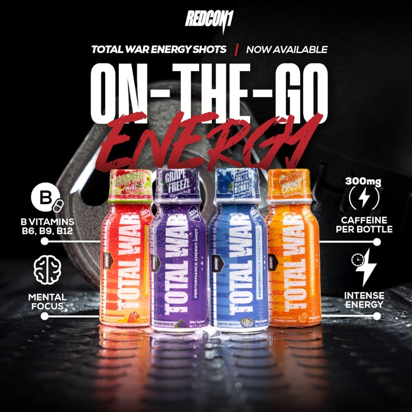 12-Count REDCON1 Total War Energy Shots - Watermelon Invasion Flavor with 300mg Caffeine, B Vitamins, and Zero Sugar - Long-Lasting Focus Support for Workouts or Workdays