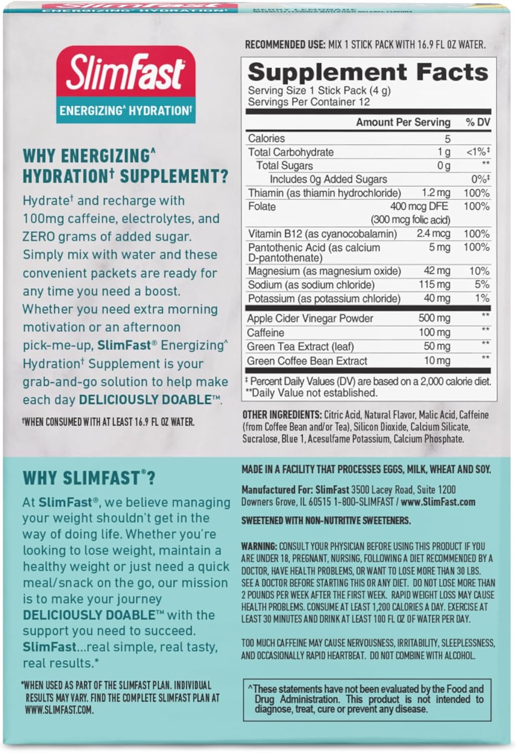 12 Count SlimFast Berry Lemonade Hydration Packets with Intermittent Fasting Electrolytes and Natural Caffeine Powder