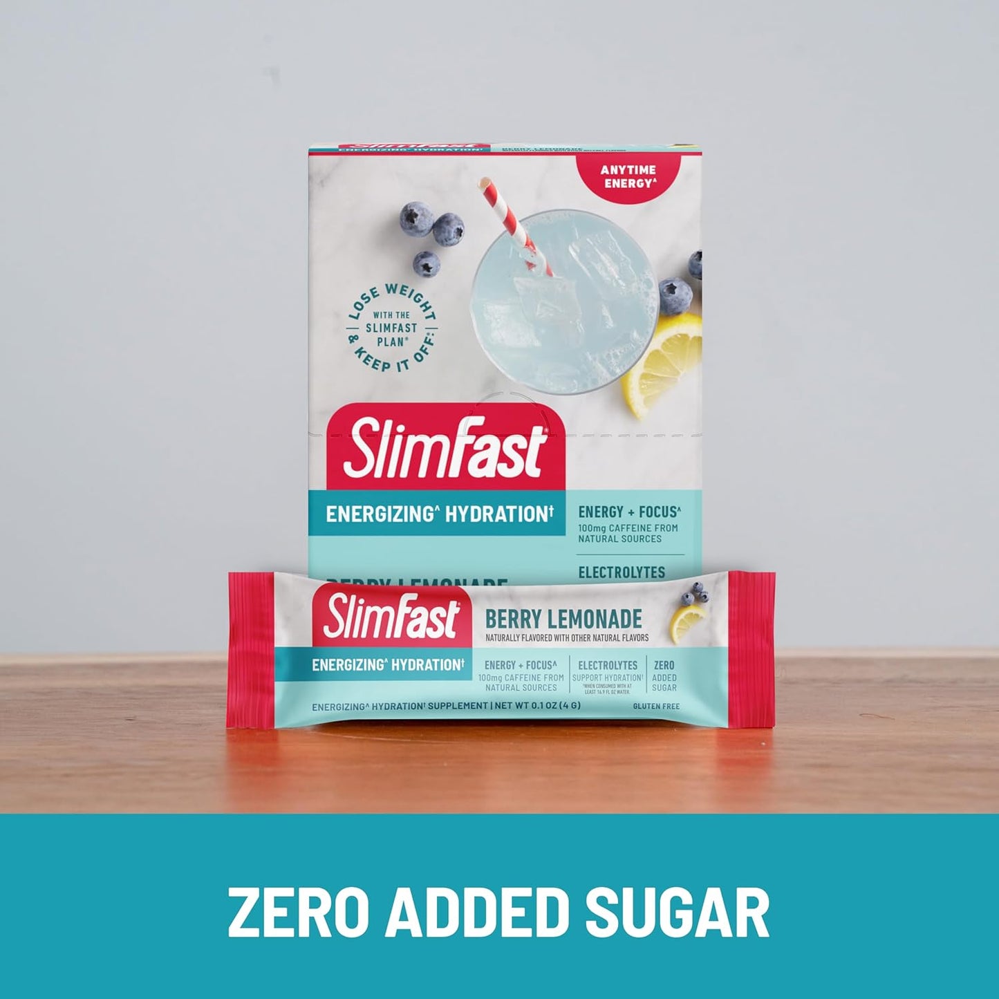 12 Count SlimFast Berry Lemonade Hydration Packets with Intermittent Fasting Electrolytes and Natural Caffeine Powder