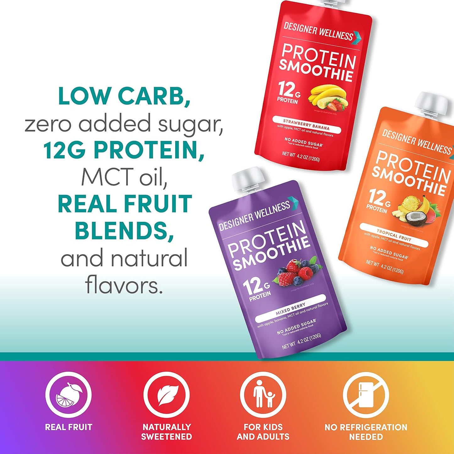 12 Designer Wellness Protein Smoothies with Real Fruit, 12g Protein, Low Carb, Zero Added Sugar, Gluten-Free, Non-GMO - Variety Pack of 12