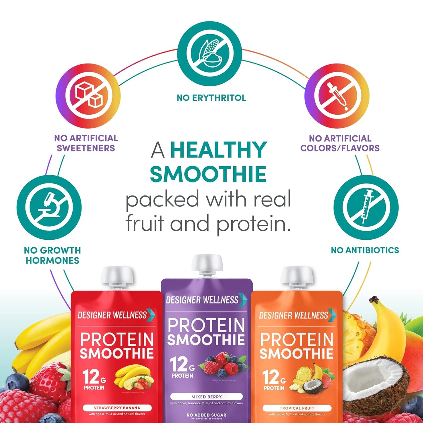 12 Designer Wellness Protein Smoothies with Real Fruit, 12g Protein, Low Carb, Zero Added Sugar, Gluten-Free, Non-GMO - Variety Pack of 12