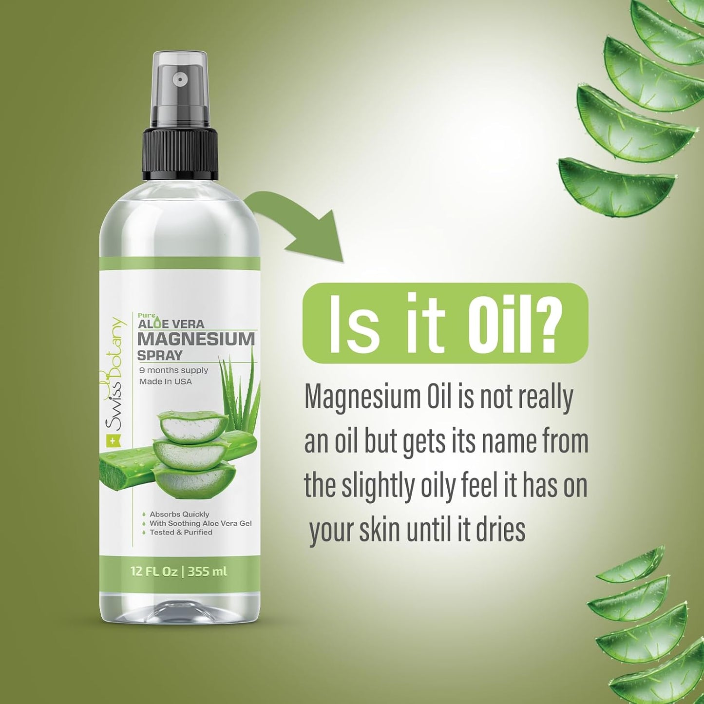 12 Fl Oz Swiss Botany Magnesium Oil Spray with Aloe Vera - Topical Stress Relief Solution for Better Sleep - USP Grade Formula