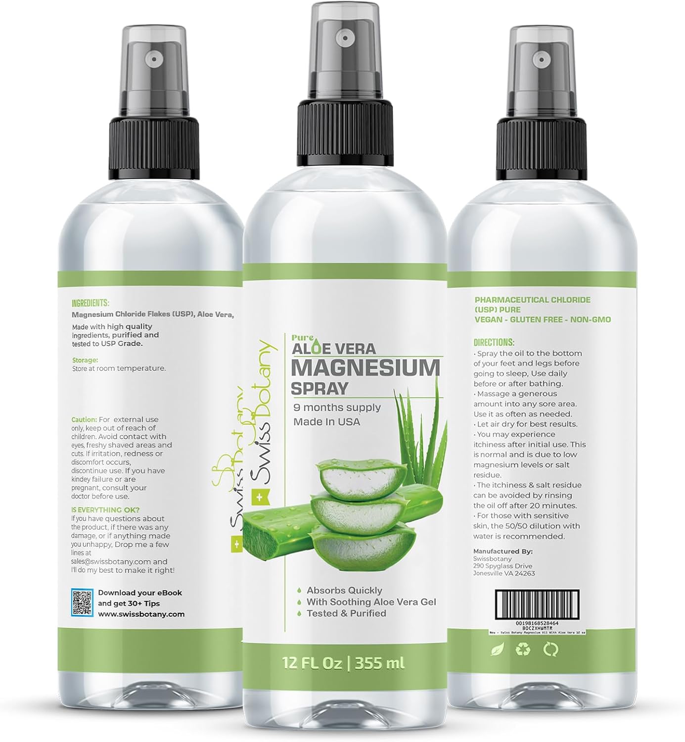 12 Fl Oz Swiss Botany Magnesium Oil Spray with Aloe Vera - Topical Stress Relief Solution for Better Sleep - USP Grade Formula