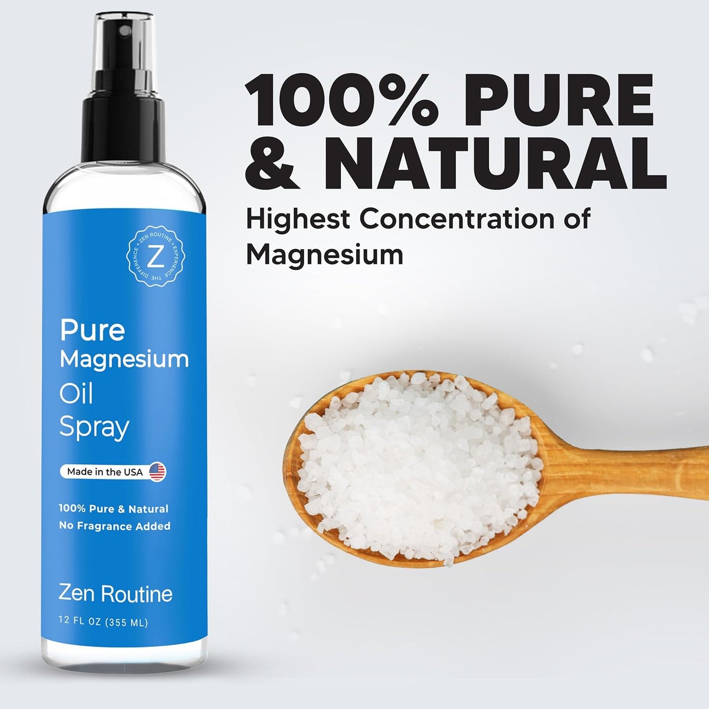 12 fl oz Zen Routine Pure Magnesium Oil Spray for Fast Absorption, 100% Organic, Promotes Relaxation and Calm Sleep - Made in USA