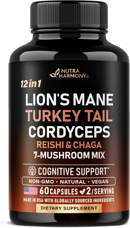 12-in-1 Mushroom Supplement 12000mg - Lion's Mane, Turkey Tail, Chaga, Cordyceps, Reishi, Made in USA - Organic Capsules (60 Count)