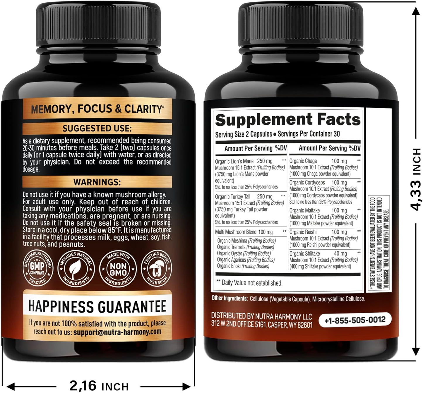12-in-1 Mushroom Supplement 12000mg - Lion's Mane, Turkey Tail, Chaga, Cordyceps, Reishi, Made in USA - Organic Capsules (60 Count)