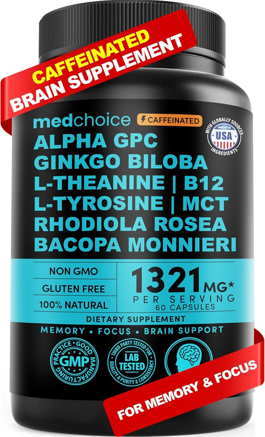 12-in-1 Nootropic Brain Supplement with Caffeine Anhydrous and Ginkgo Biloba for Memory and Focus - Alpha GPC, L Theanine, Choline, B12, Bioperine - 1321mg (60ct)