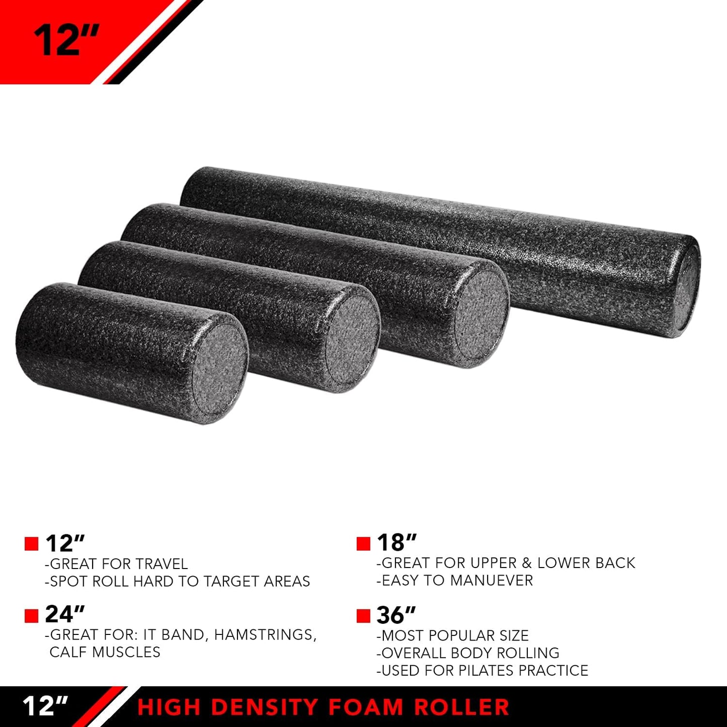 12-Inch Black High Density Foam Roller by JFIT for Deep Tissue Muscle Massage and Recovery