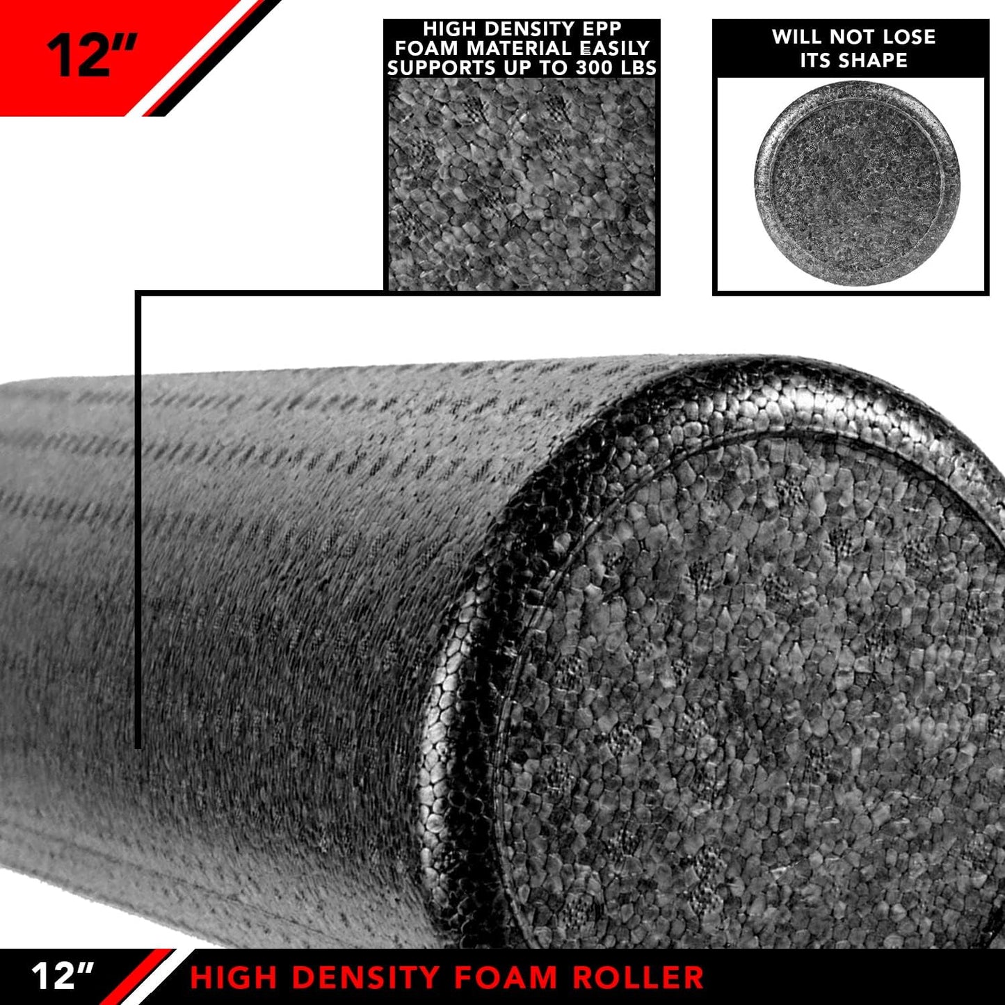 12-Inch Black High Density Foam Roller by JFIT for Deep Tissue Muscle Massage and Recovery