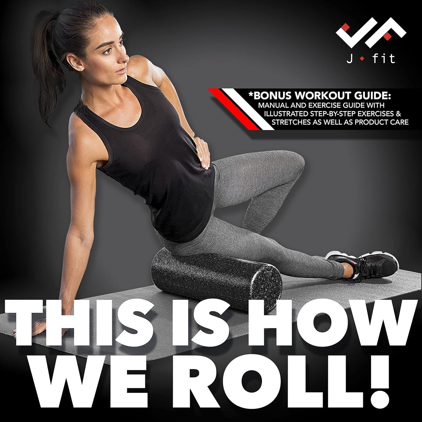 12-Inch Black High Density Foam Roller by JFIT for Deep Tissue Muscle Massage and Recovery