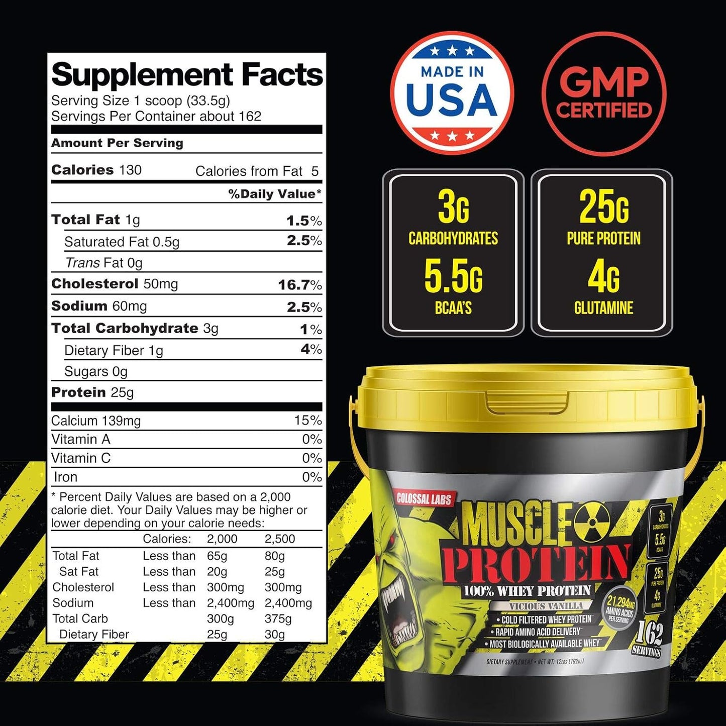 12 lbs of Chocolate Whey Protein Powder by COLOSSAL LABS - Cold Filtered, 25g Protein, 6.6g BCAAs - Packaging May Vary