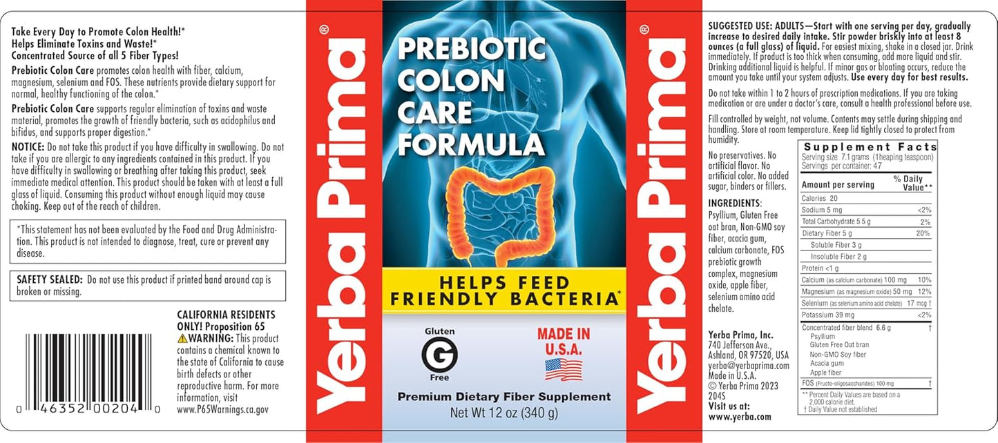 12 Ounce Yerba Prima Prebiotic Colon Care Formula Powder - Premium Gluten Free Dietary Fiber Supplement, Non-GMO, Made in USA
