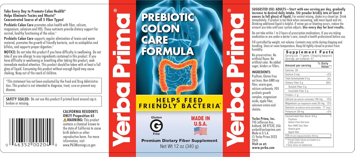 12 Ounce Yerba Prima Prebiotic Colon Care Formula Powder - Premium Gluten Free Dietary Fiber Supplement, Non-GMO, Made in USA