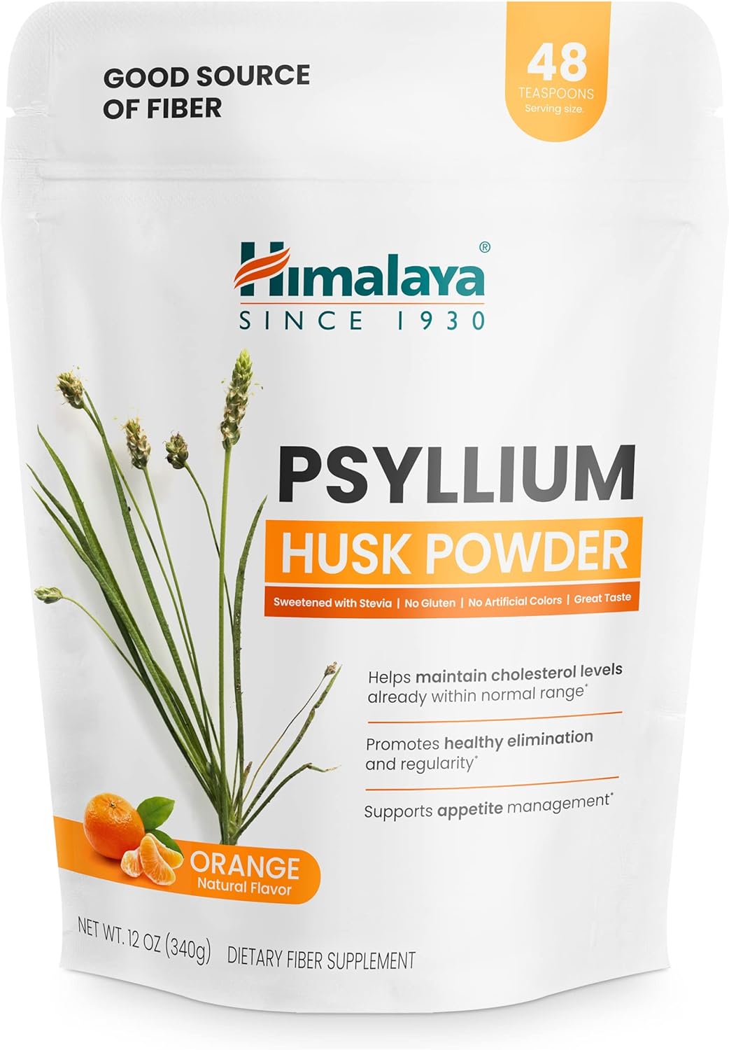 12 oz Himalaya Orange Psyllium Husk Powder for Digestive Support - Vegan, Gluten Free, Sugar Free, Easy-to-Mix Fiber Supplement