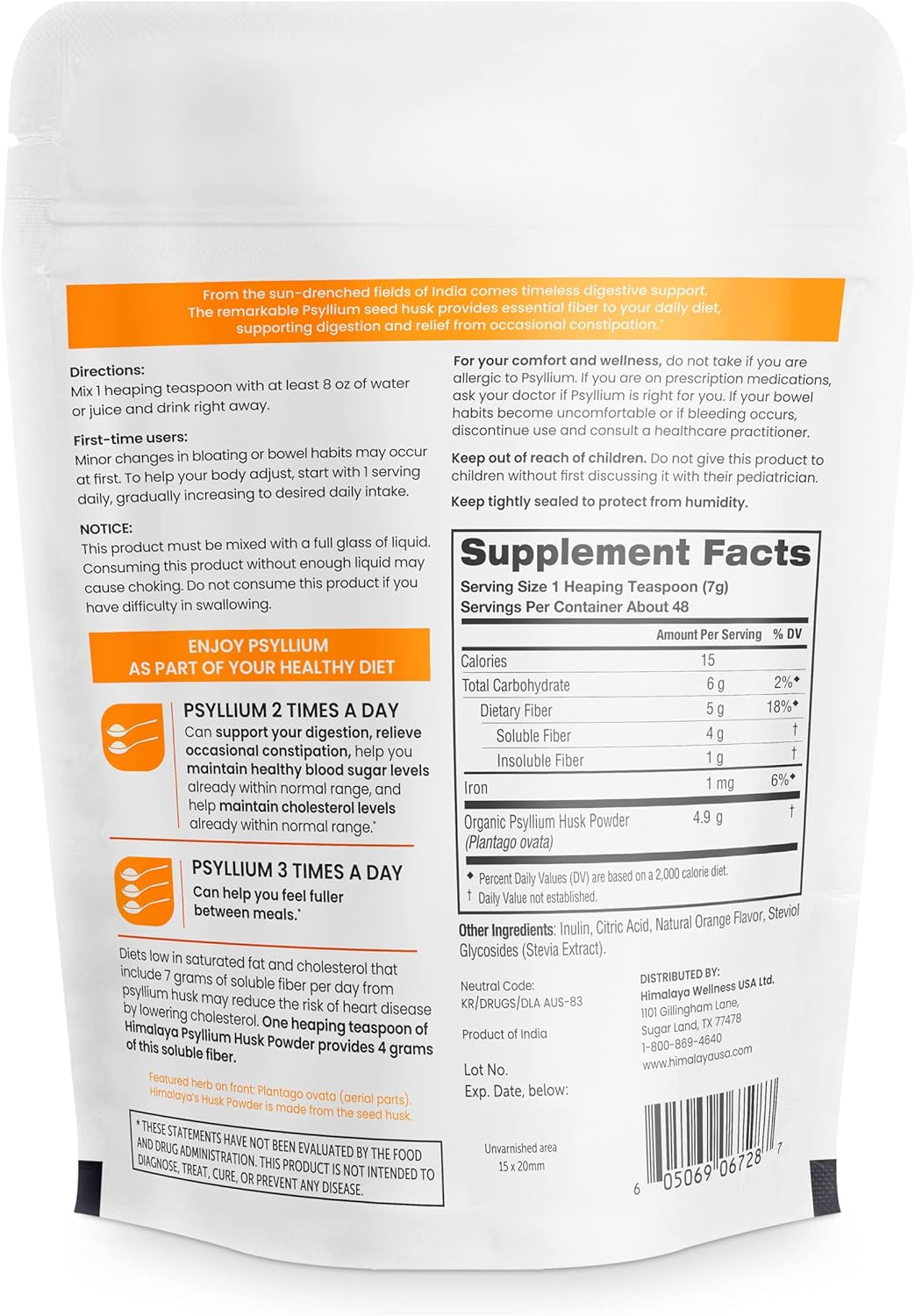 12 oz Himalaya Orange Psyllium Husk Powder for Digestive Support - Vegan, Gluten Free, Sugar Free, Easy-to-Mix Fiber Supplement