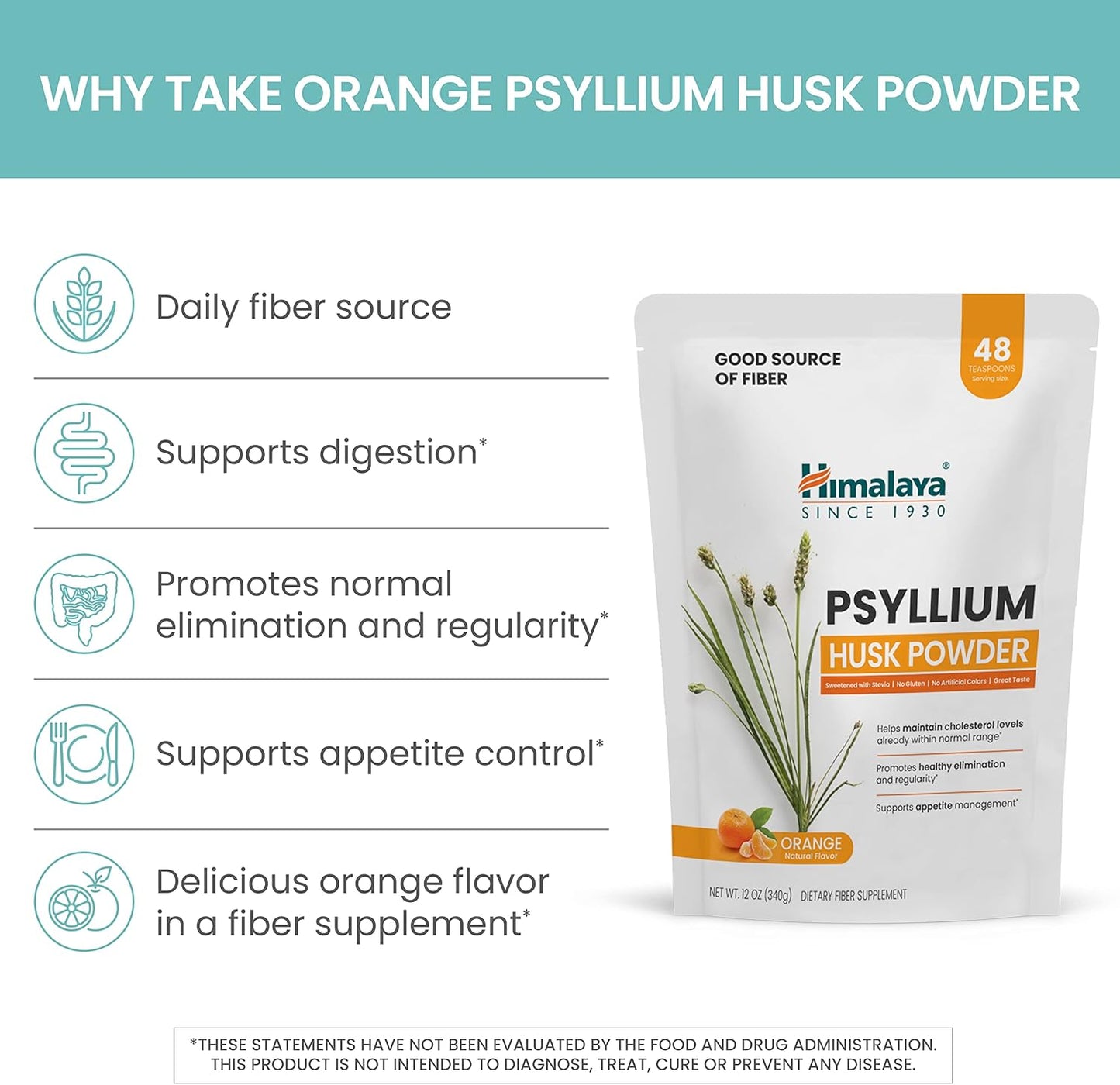 12 oz Himalaya Orange Psyllium Husk Powder for Digestive Support - Vegan, Gluten Free, Sugar Free, Easy-to-Mix Fiber Supplement