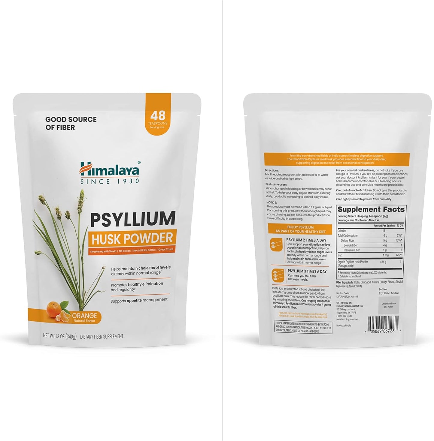 12 oz Himalaya Orange Psyllium Husk Powder for Digestive Support - Vegan, Gluten Free, Sugar Free, Easy-to-Mix Fiber Supplement