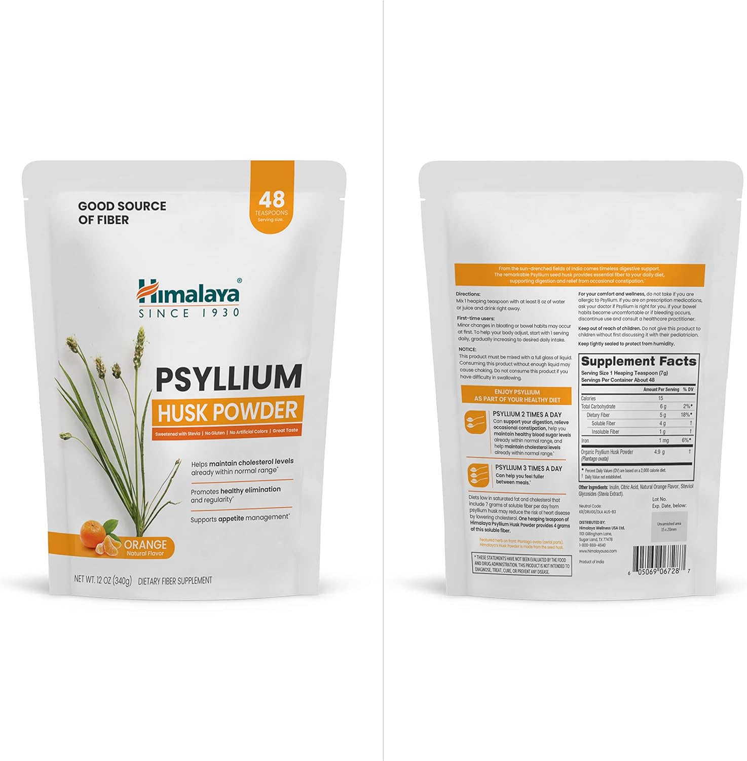 12 oz Himalaya Orange Psyllium Husk Powder for Digestive Support - Vegan, Gluten Free, Sugar Free, Easy-to-Mix Fiber Supplement