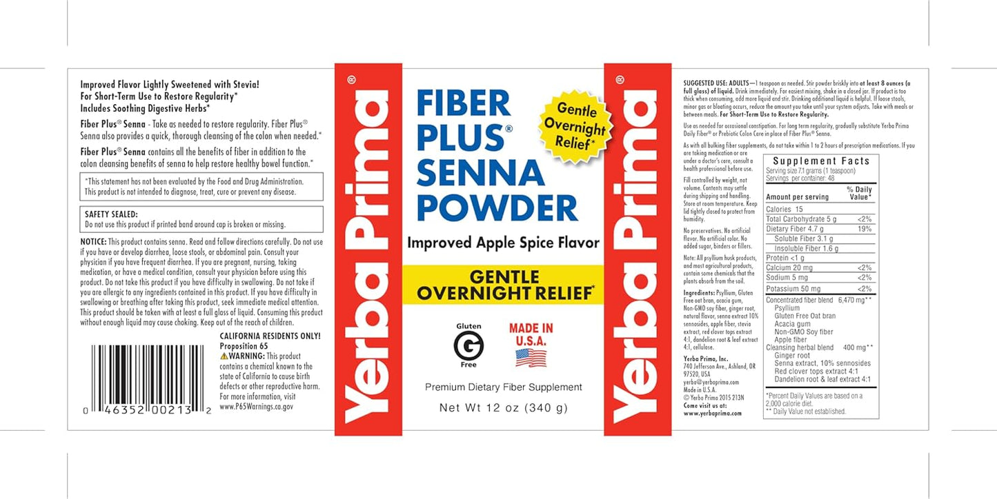 12 oz Yerba Prima Fiber Plus Senna Powder - Apple Spice Flavor, Stevia Sweetened, Gentle Overnight Relief, Restores Regularity