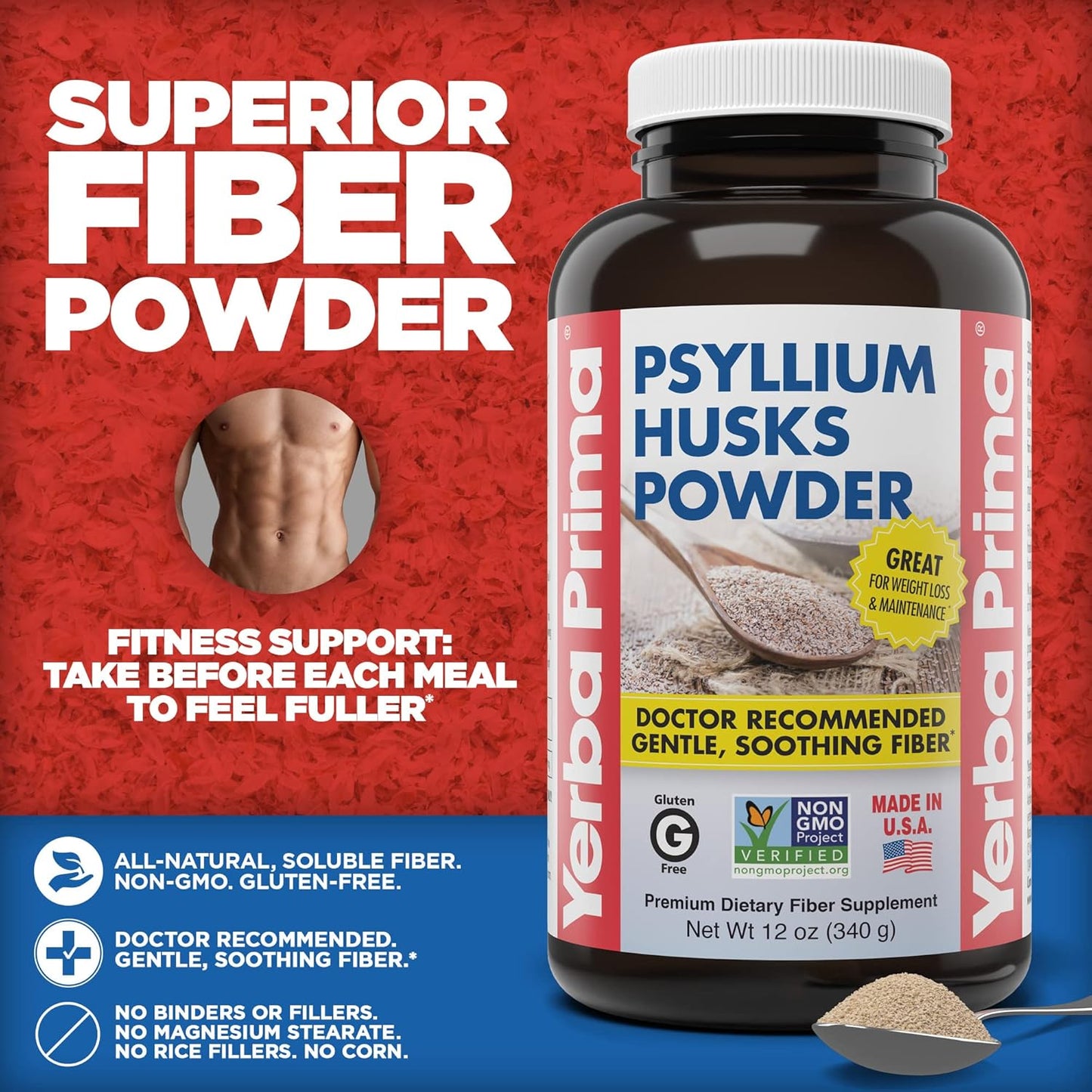12 oz Yerba Prima Psyllium Husks Fiber Powder for Colon Cleanse and Gut Health - Vegan, Non-GMO, Gluten Free