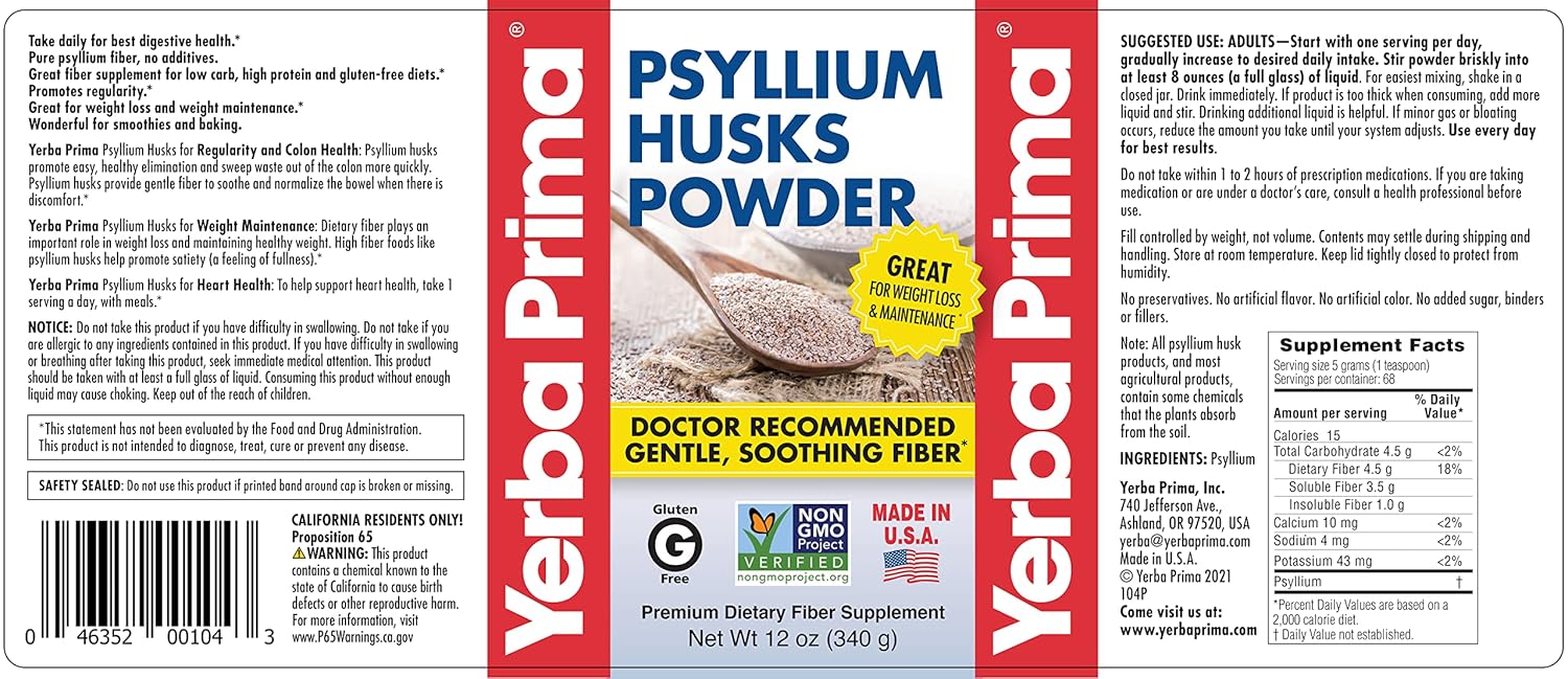 12 oz Yerba Prima Psyllium Husks Fiber Powder for Colon Cleanse and Gut Health - Vegan, Non-GMO, Gluten Free