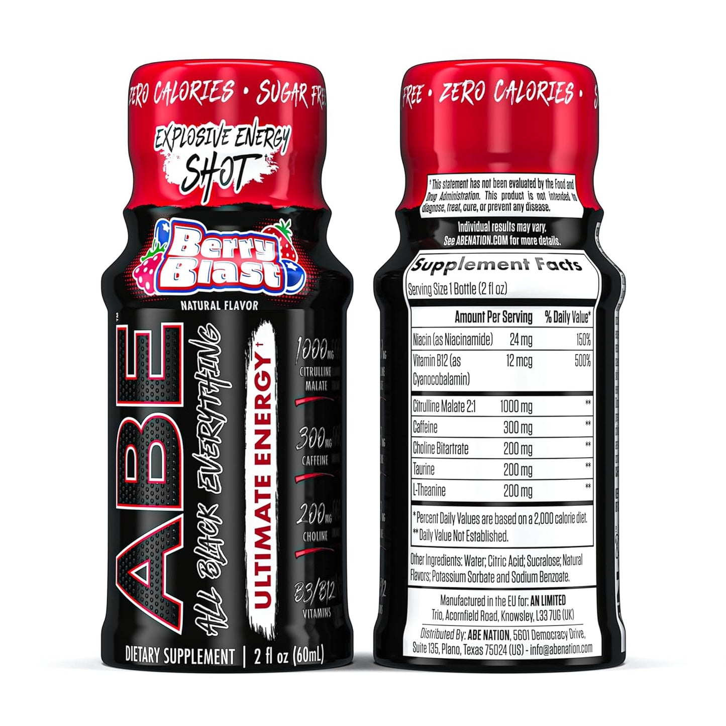 12 Pack ABE Berry Blast Energy Shots - 300mg Caffeine, Zero Sugar, Nootropic Blend for Gym and Work