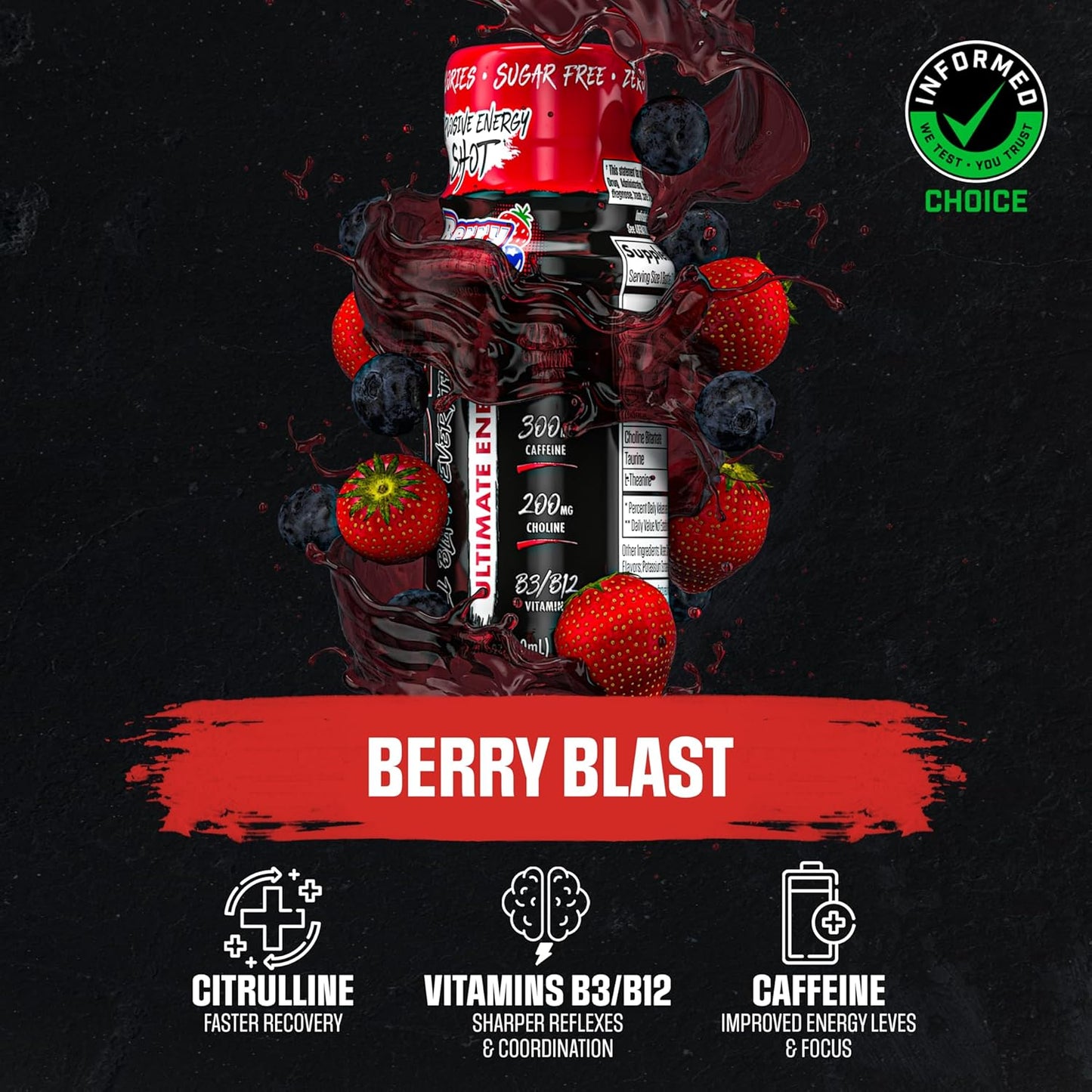 12 Pack ABE Berry Blast Energy Shots - 300mg Caffeine, Zero Sugar, Nootropic Blend for Gym and Work