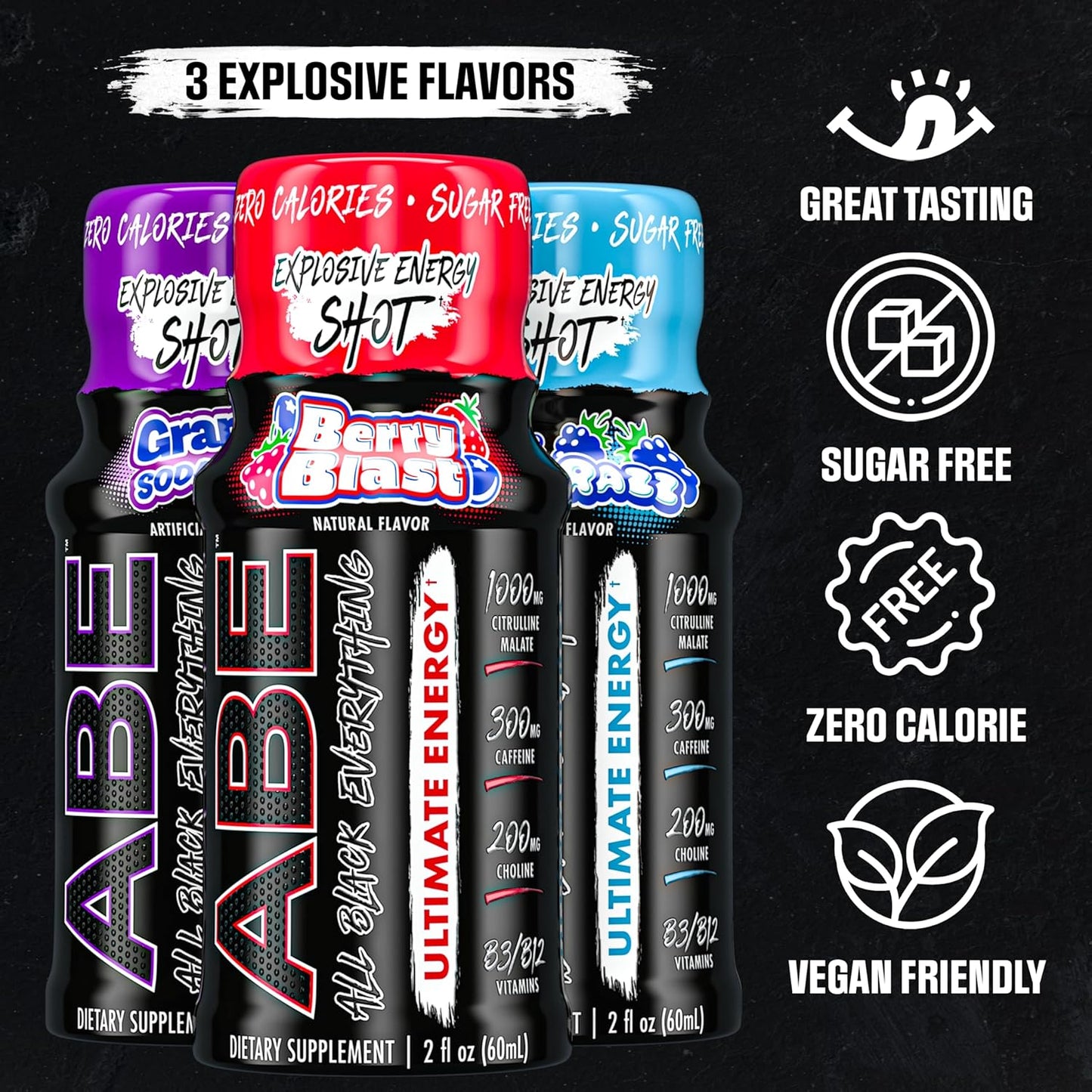 12 Pack ABE Berry Blast Energy Shots - 300mg Caffeine, Zero Sugar, Nootropic Blend for Gym and Work