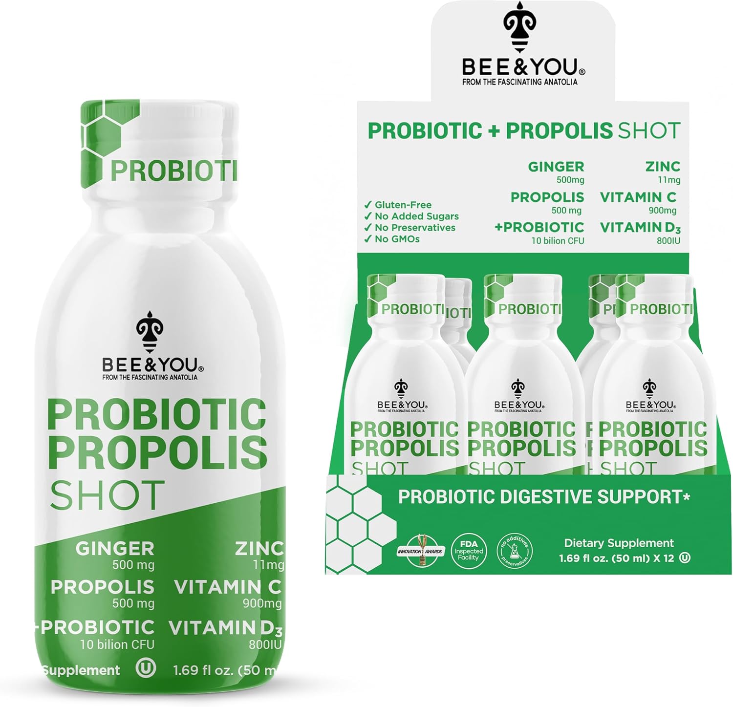 12 Pack BEE & YOU Propolis Immune Shot with Probiotic, Vitamin C, D3, Zinc, Ginger for Immune & Digestive Health - 1.69 fl. oz