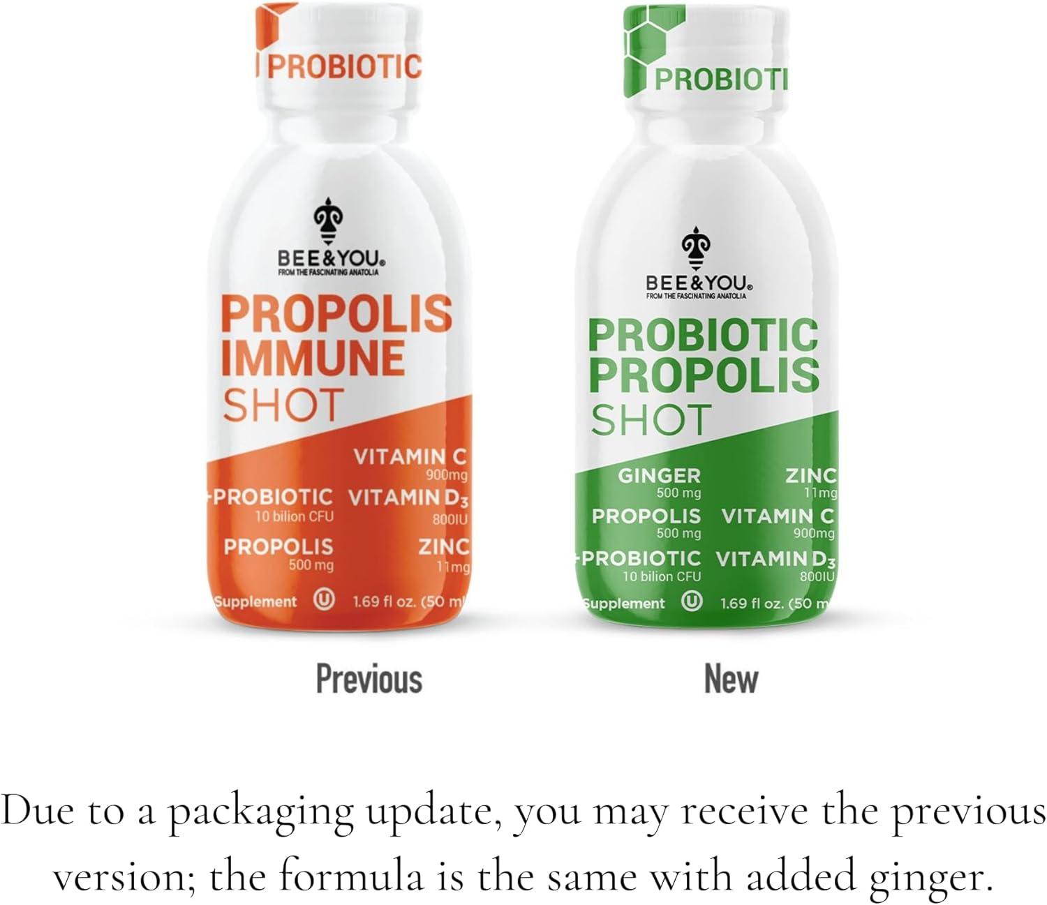 12 Pack BEE & YOU Propolis Immune Shot with Probiotic, Vitamin C, D3, Zinc, Ginger for Immune & Digestive Health - 1.69 fl. oz