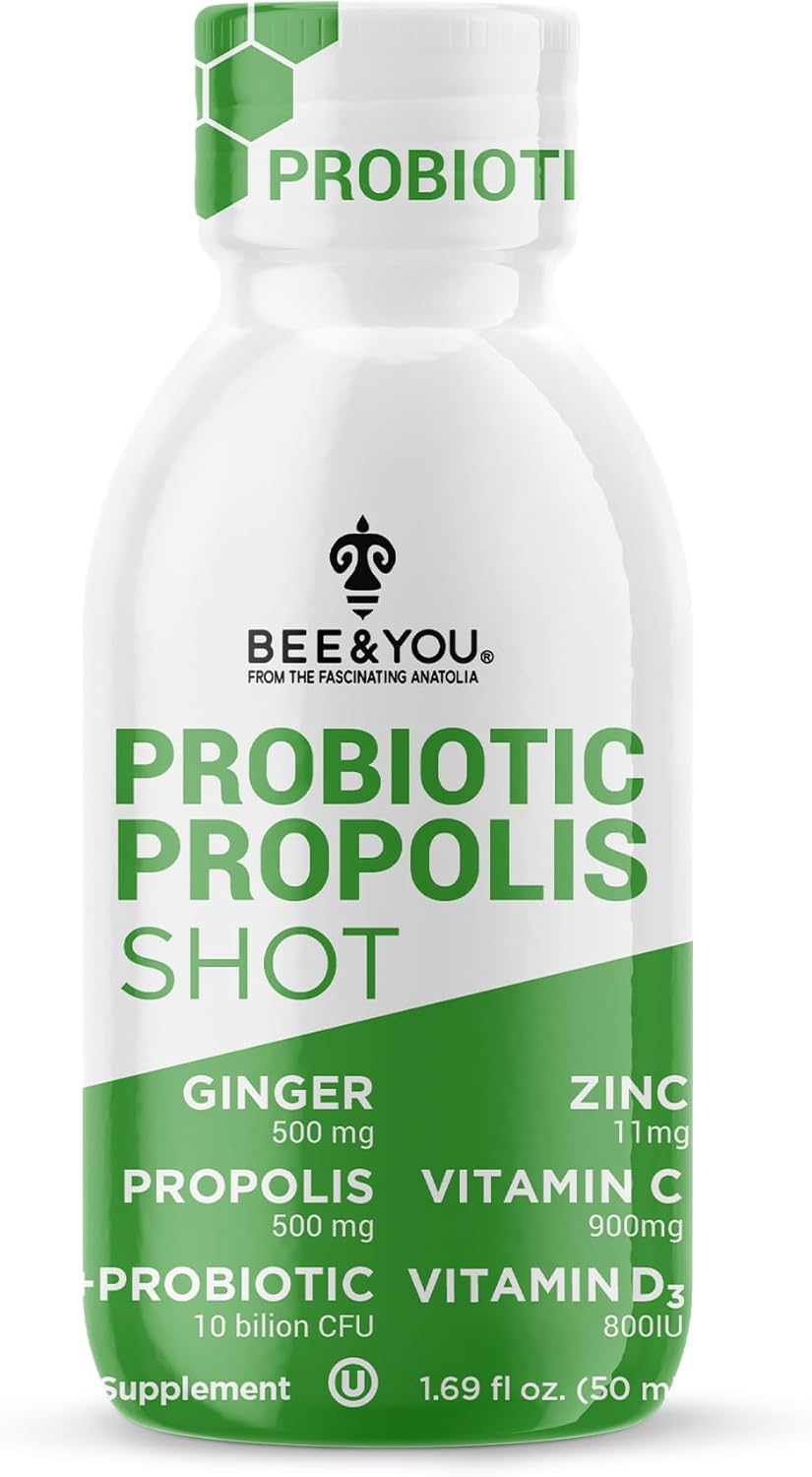 12 Pack BEE & YOU Propolis Immune Shot with Probiotic, Vitamin C, D3, Zinc, Ginger for Immune & Digestive Health - 1.69 fl. oz