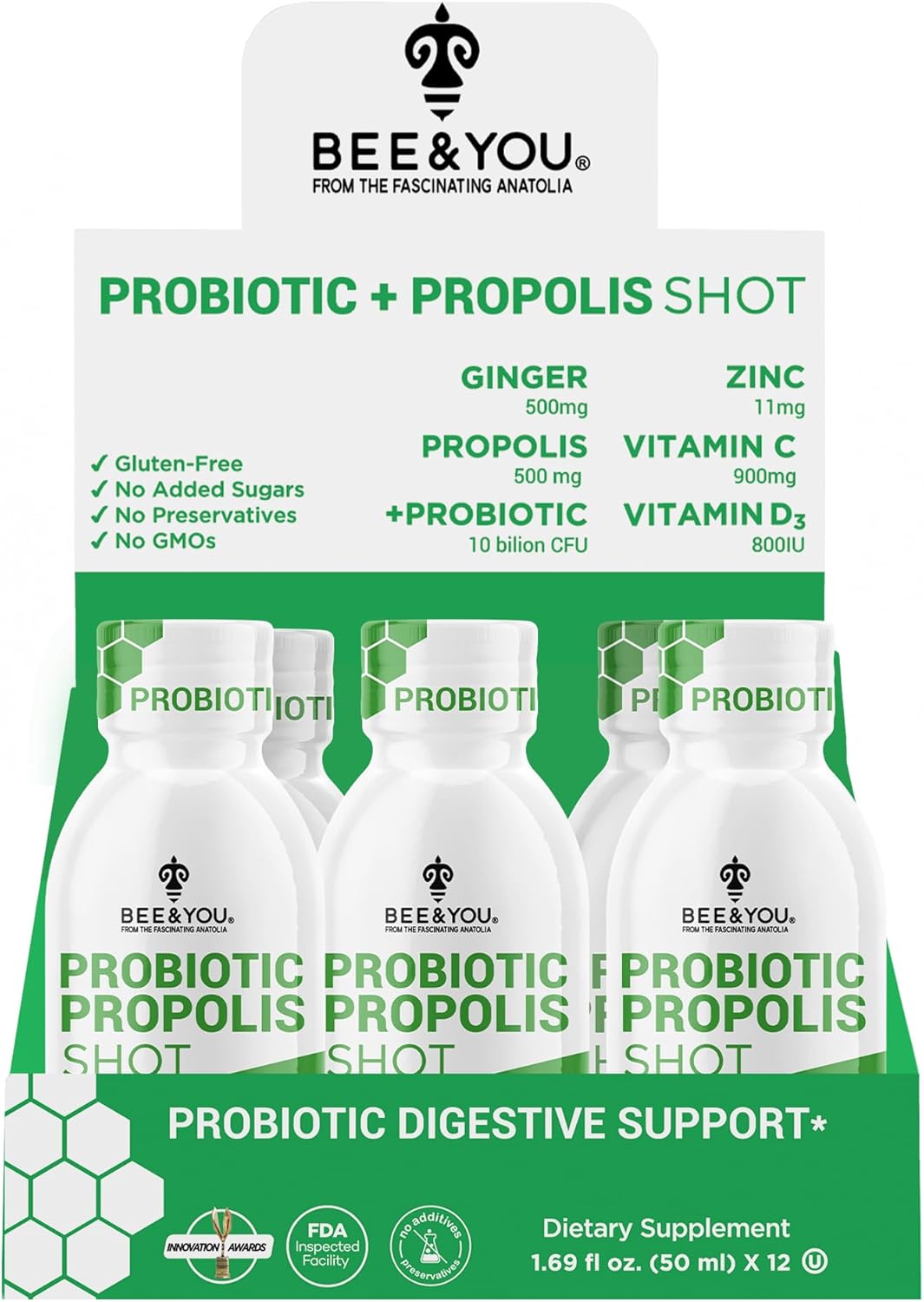 12 Pack BEE & YOU Propolis Immune Shot with Probiotic, Vitamin C, D3, Zinc, Ginger for Immune & Digestive Health - 1.69 fl. oz