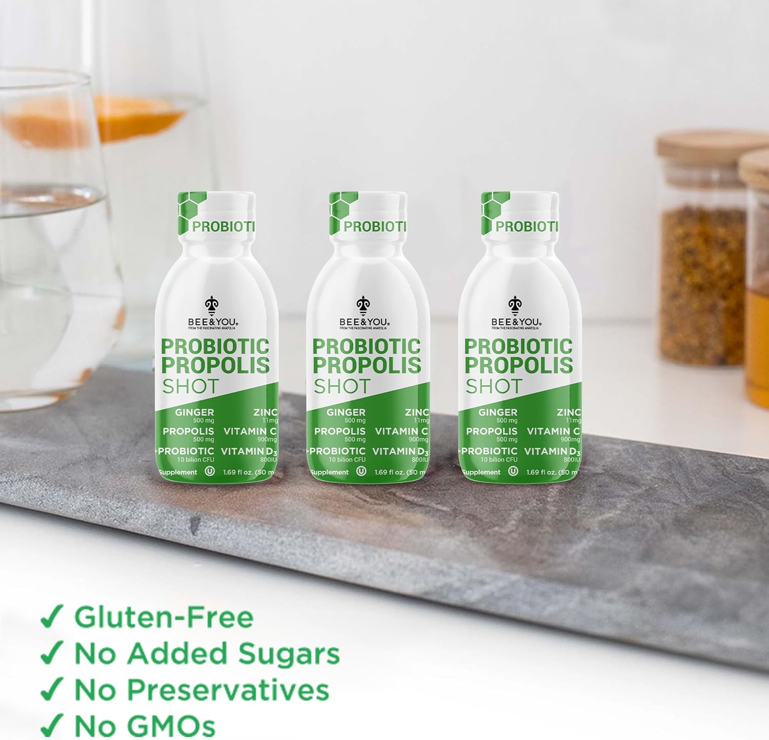 12 Pack BEE & YOU Propolis Immune Shot with Probiotic, Vitamin C, D3, Zinc, Ginger for Immune & Digestive Health - 1.69 fl. oz