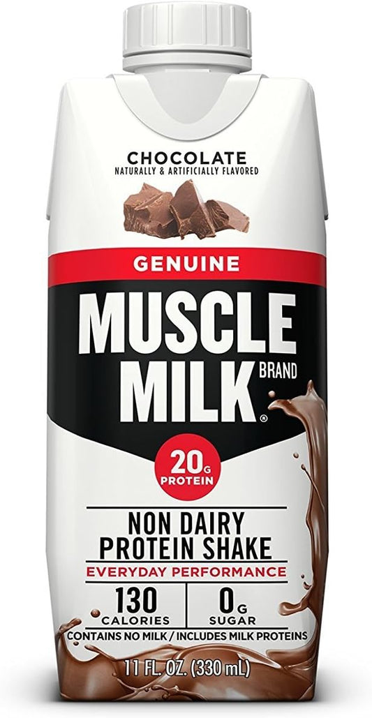 12-Pack Chocolate Muscle Milk Genuine Protein Shake - 25g Protein, Zero Sugar, Vitamins & Calcium - Workout Recovery & Energizing Snack