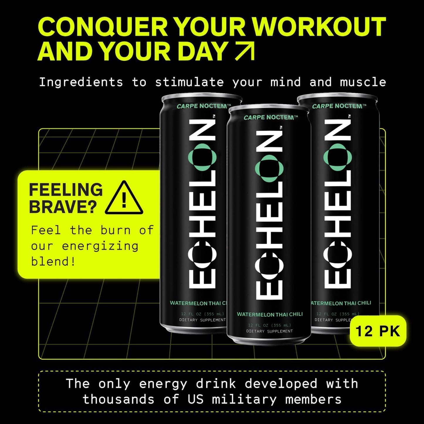 12-Pack Echelon Pre-Workout Energy Drink - Watermelon Chili Flavor - Vegan Supplement with 300mg Caffeine, Beta-Alanine, L-Theanine & Fiber for Peak Performance