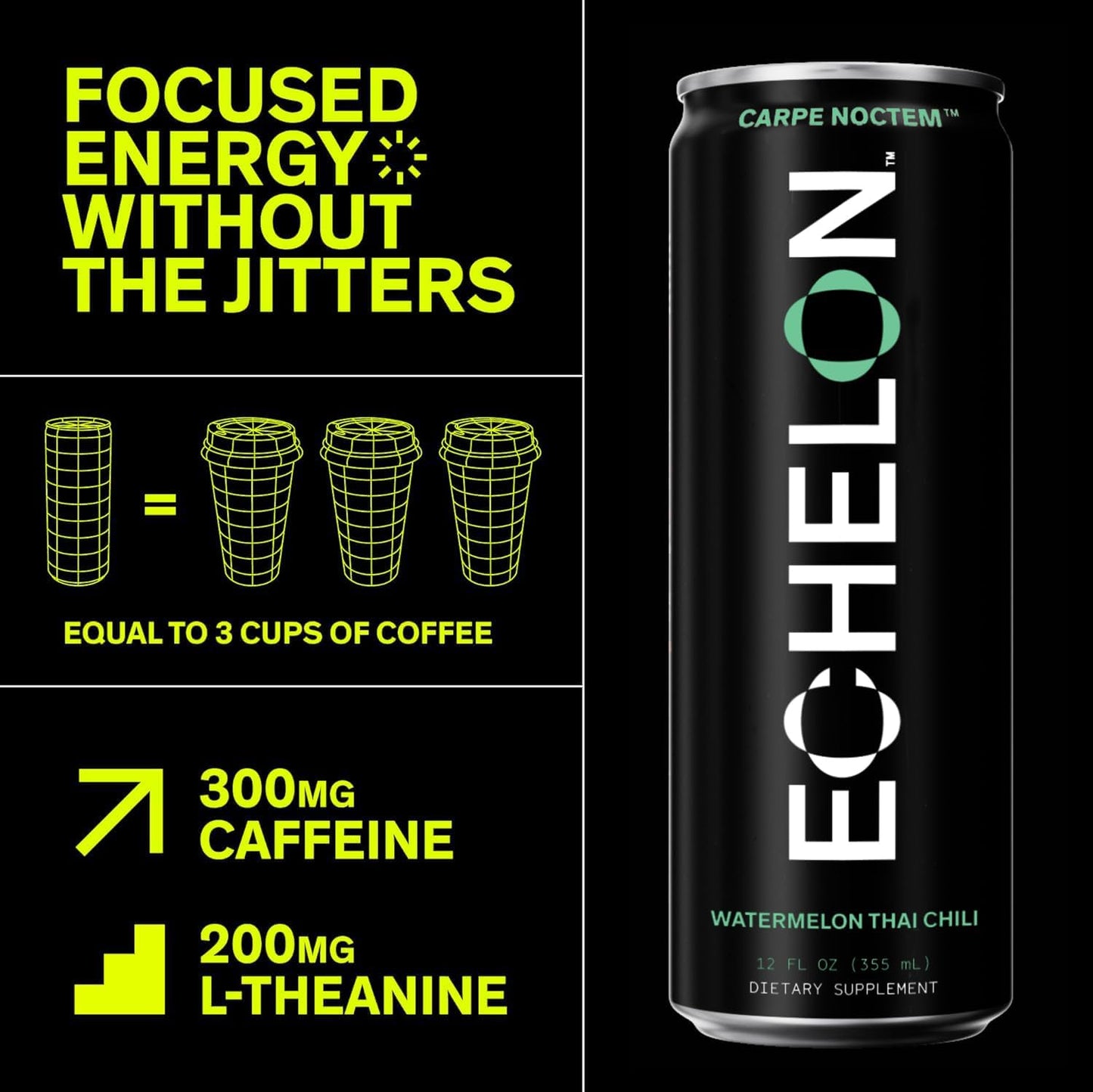 12-Pack Echelon Pre-Workout Energy Drink - Watermelon Chili Flavor - Vegan Supplement with 300mg Caffeine, Beta-Alanine, L-Theanine & Fiber for Peak Performance