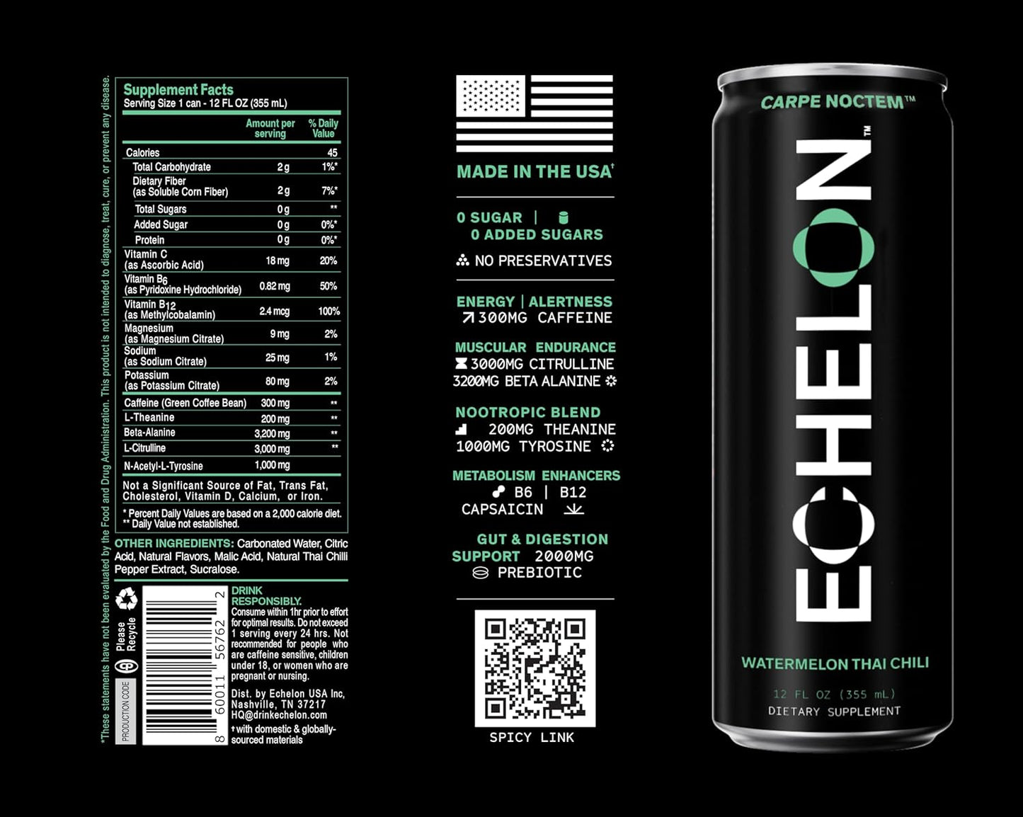 12-Pack Echelon Pre-Workout Energy Drink - Watermelon Chili Flavor - Vegan Supplement with 300mg Caffeine, Beta-Alanine, L-Theanine & Fiber for Peak Performance