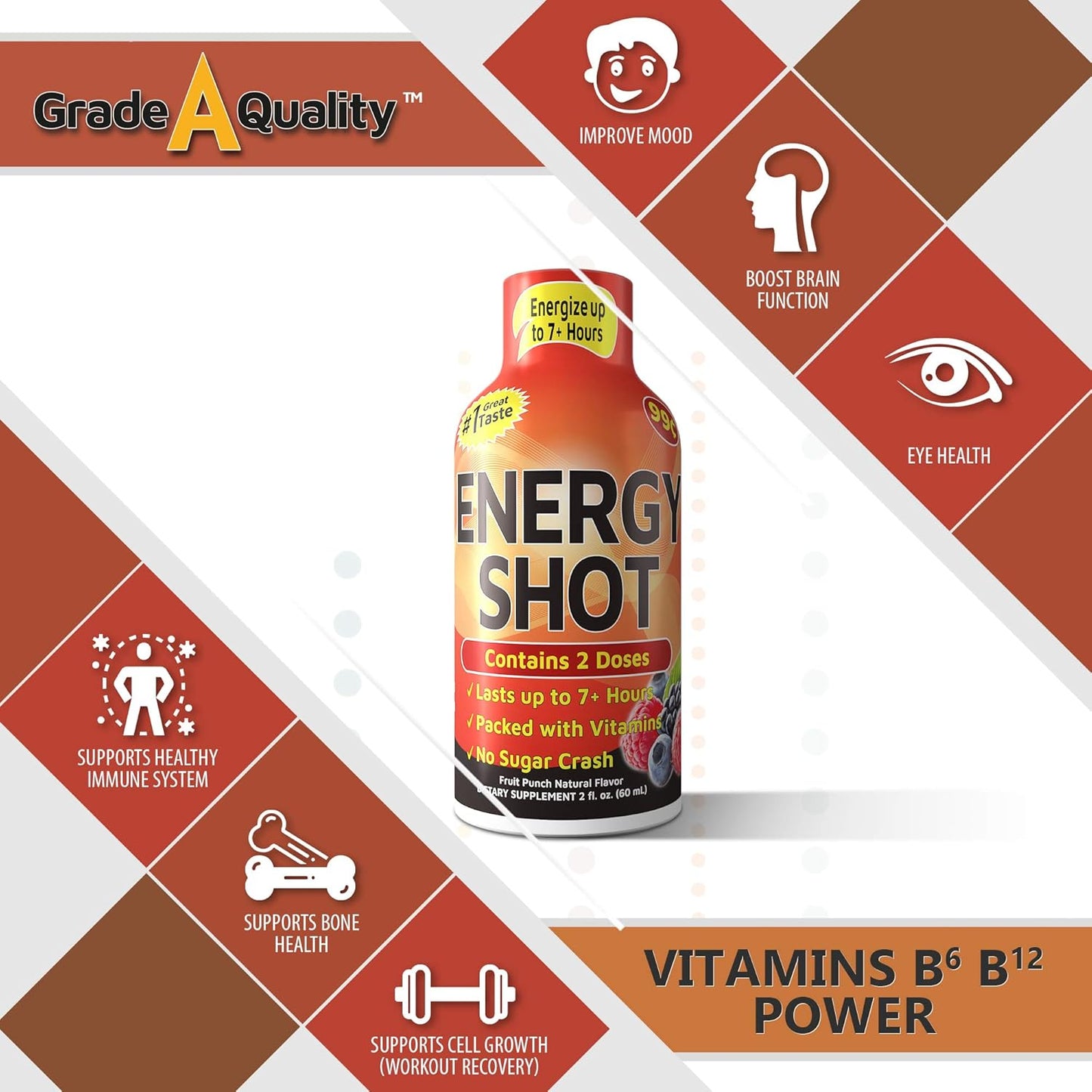 12-Pack Grade A Fruit Punch Shots with Up to 7+ Hours of Energy