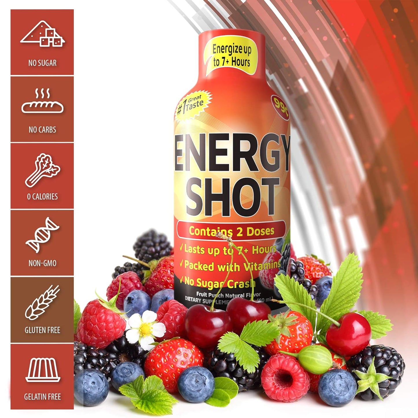 12-Pack Grade A Fruit Punch Shots with Up to 7+ Hours of Energy