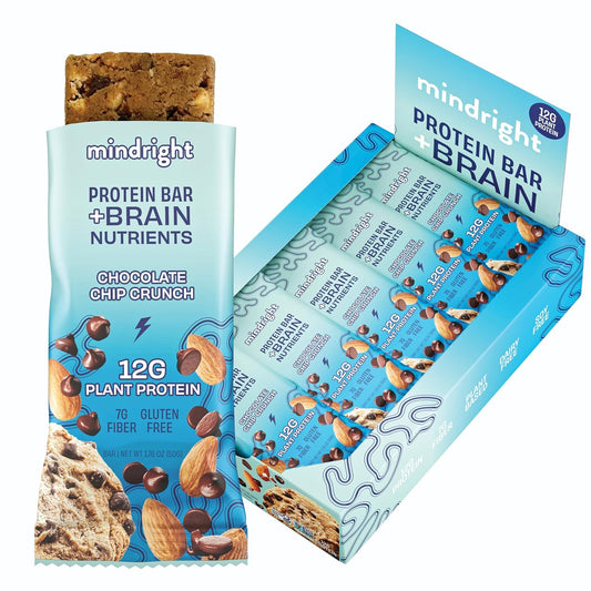 12-Pack Mindright Superfood Vegan Protein Bars - Gluten-Free, Non-GMO, Low Sugar, Brain-Boosting Snack for Mood, Energy, Focus - Chocolate Chip Crunch Flavor