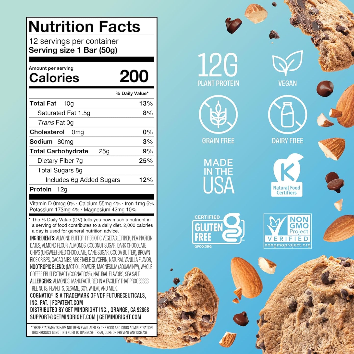 12-Pack Mindright Superfood Vegan Protein Bars - Gluten-Free, Non-GMO, Low Sugar, Brain-Boosting Snack for Mood, Energy, Focus - Chocolate Chip Crunch Flavor