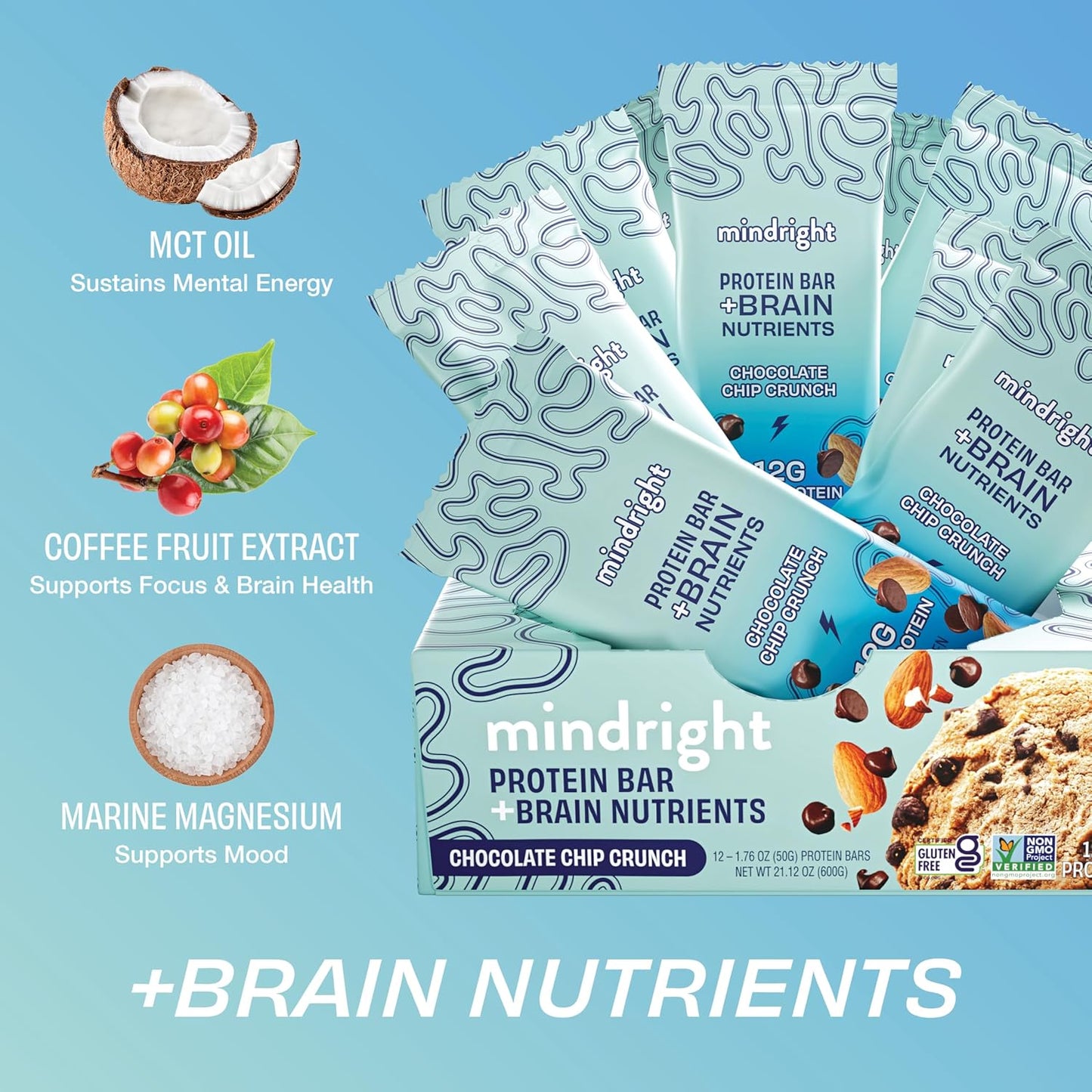 12-Pack Mindright Superfood Vegan Protein Bars - Gluten-Free, Non-GMO, Low Sugar, Brain-Boosting Snack for Mood, Energy, Focus - Chocolate Chip Crunch Flavor