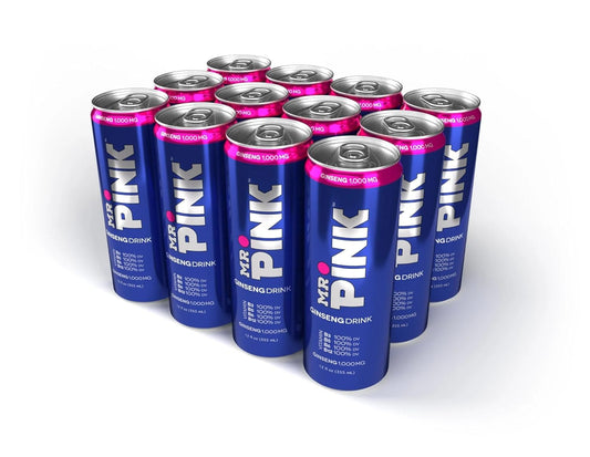 12-Pack Mr. Pink Original Ginseng Drink - Natural Energy Supplement with B-Vitamins for Focus and Vitality