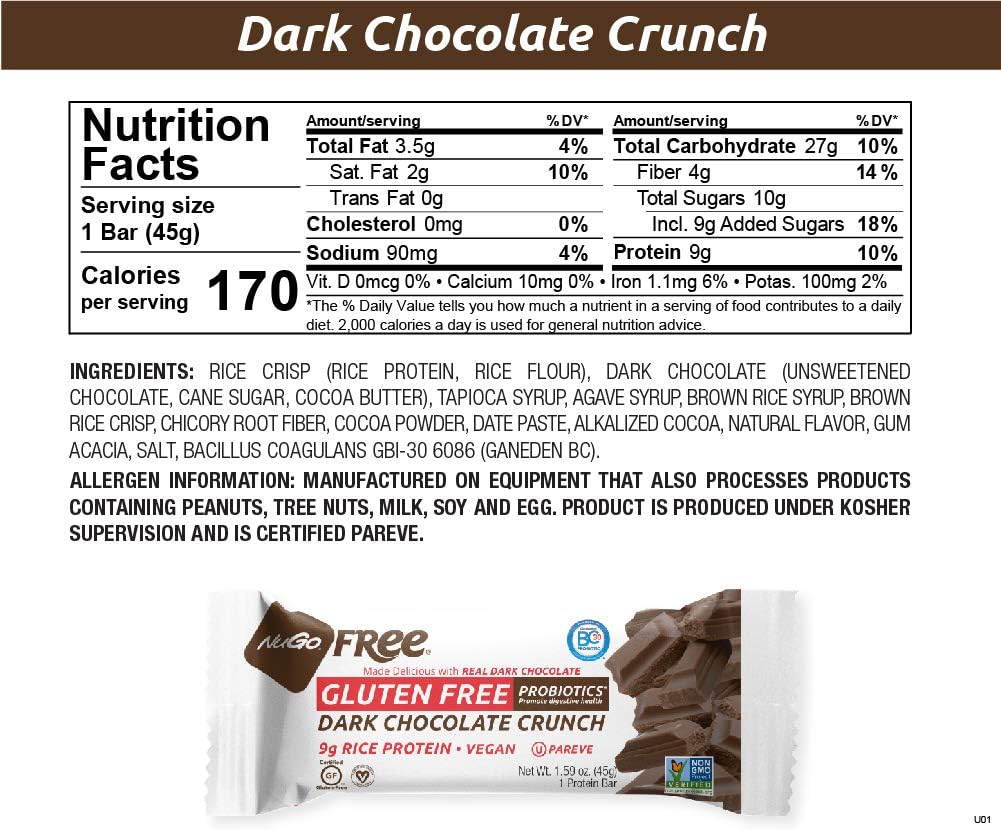 12 Pack NuGo Free Dark Vegan Rice Protein Bar with Probiotics, Gluten & Soy Free, Dark Chocolate Crunch - 9g Protein - 1.59oz Bars