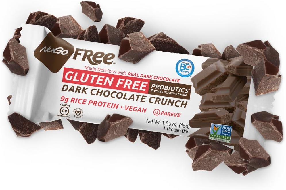12 Pack NuGo Free Dark Vegan Rice Protein Bar with Probiotics, Gluten & Soy Free, Dark Chocolate Crunch - 9g Protein - 1.59oz Bars
