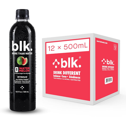 12 Pack of blk. Alkaline Watermelon Water, 500 mL Each, pH 8, Fulvic & Humic Acid, Trace Minerals, Electrolytes for Cell Hydration & Repair